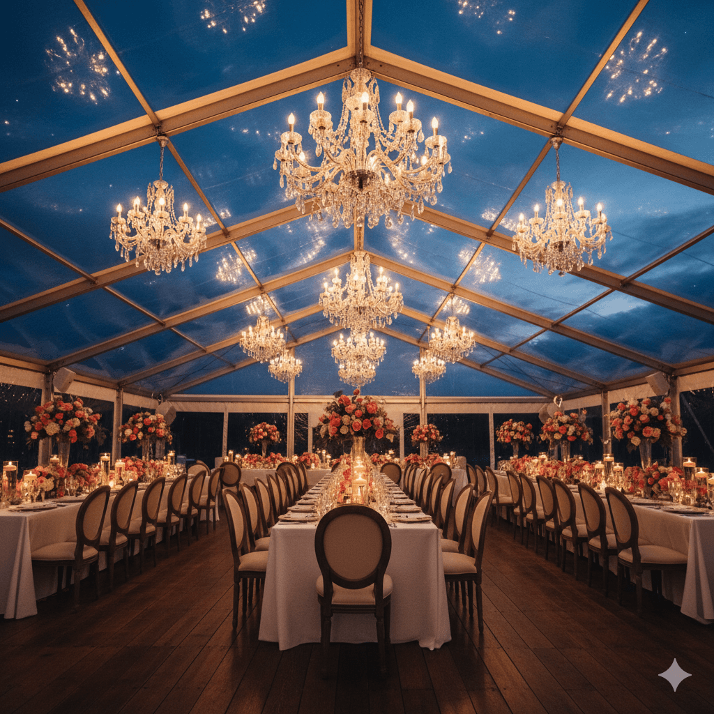 Chapiteau de réception installé en extérieur avec éclairage pour événement soirée - Location avec installation incluse