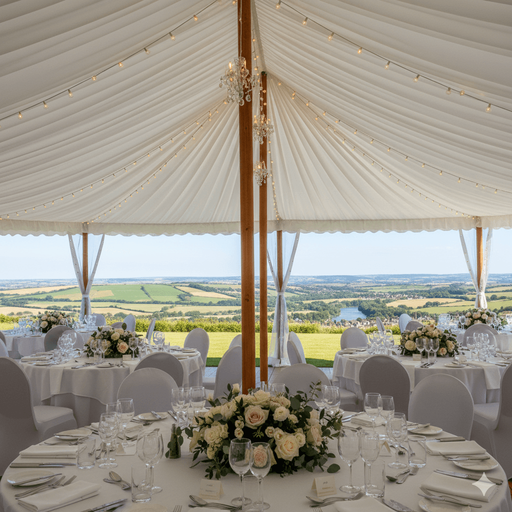 Intérieur élégant d'un chapiteau de réception avec éclairage et décoration pour mariage ou événement d'entreprise