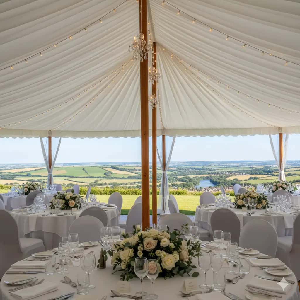 Intérieur élégant d'un chapiteau de réception avec éclairage et décoration pour mariage ou événement d'entreprise
