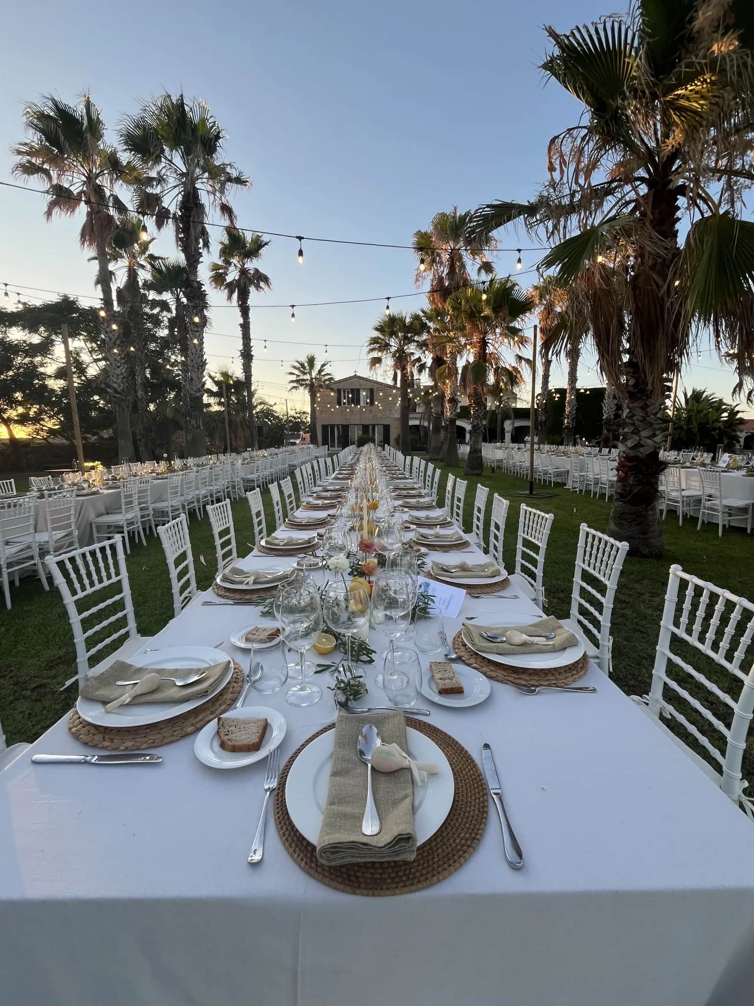 Arts de la table au coucher du soleil : assiettes, verrerie, serviettes en lin et sets tressés sur une longue table de mariage