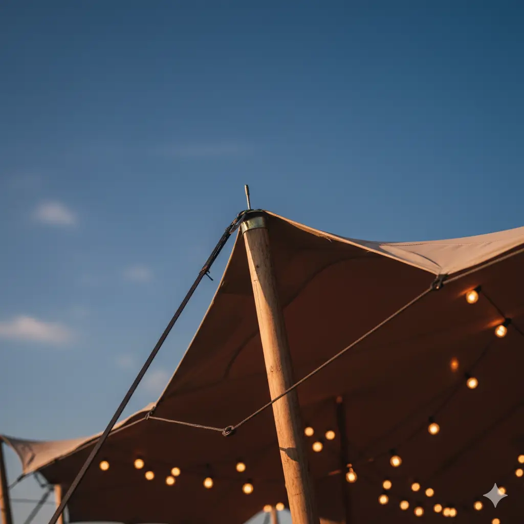 Structure de tente nomade avec mats bois et toile tendue pour reception